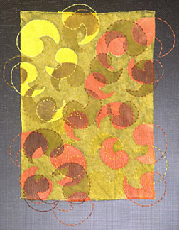 Comma Kahma Date: 2003 Dimensons: 11 3/4"h x 8 1/4"w fabric; 18 3/4"h x 14 3/8"w x 1/4"d mounted Handwoven polyester/cotton fabric with dévoré; fiber reactive and disperse dyes, cotton and nylon thread, fiberglass screening, acrylic rod