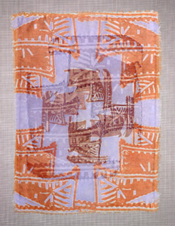 Himeiji Roofs  Date: 2008  Dimensions: 15 1/4”h x 11”w fabric; 22 1/8”h x 15 5/8”w x 1/4”d mounted Dévoré on commercial polyester/cotton fabric; digital image for screen prints based on photos taken of roofs at Himeiji Castle, Japan; fiber reactive and disperse dye, cotton and nylon thread, fiberglass screening, acrylic rod