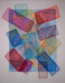 Translucent Geometry  Date: 2008  Dimensions: 20 1/4”h x 15 1/4”w x 1/4”d  Dévoré on commercial polyester/cotton fabric; silk organza; fiber reactive and disperse dyes; cotton and nylon thread; fiberglass screening; acrylic rod